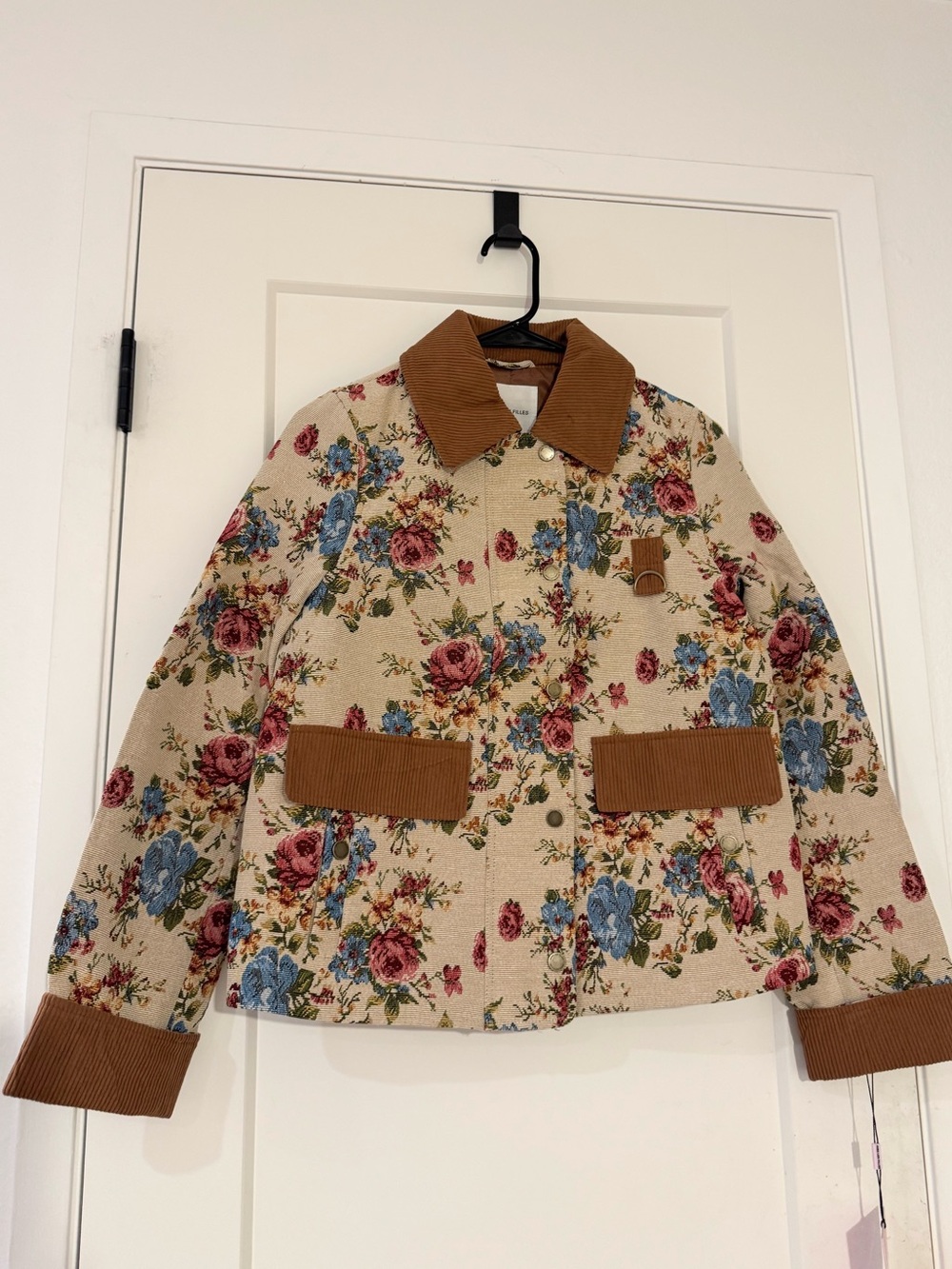Avec Les Filles Beige Floral Utility Jacket with Rust Corduroy Trim S - Picture 4 of 11